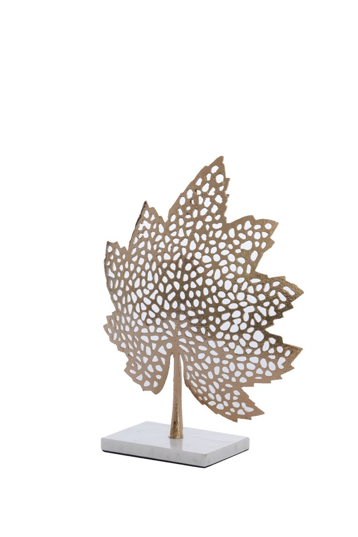 Ornament on foot LEAF small - 28x8x35 cm - Gold/Marble white