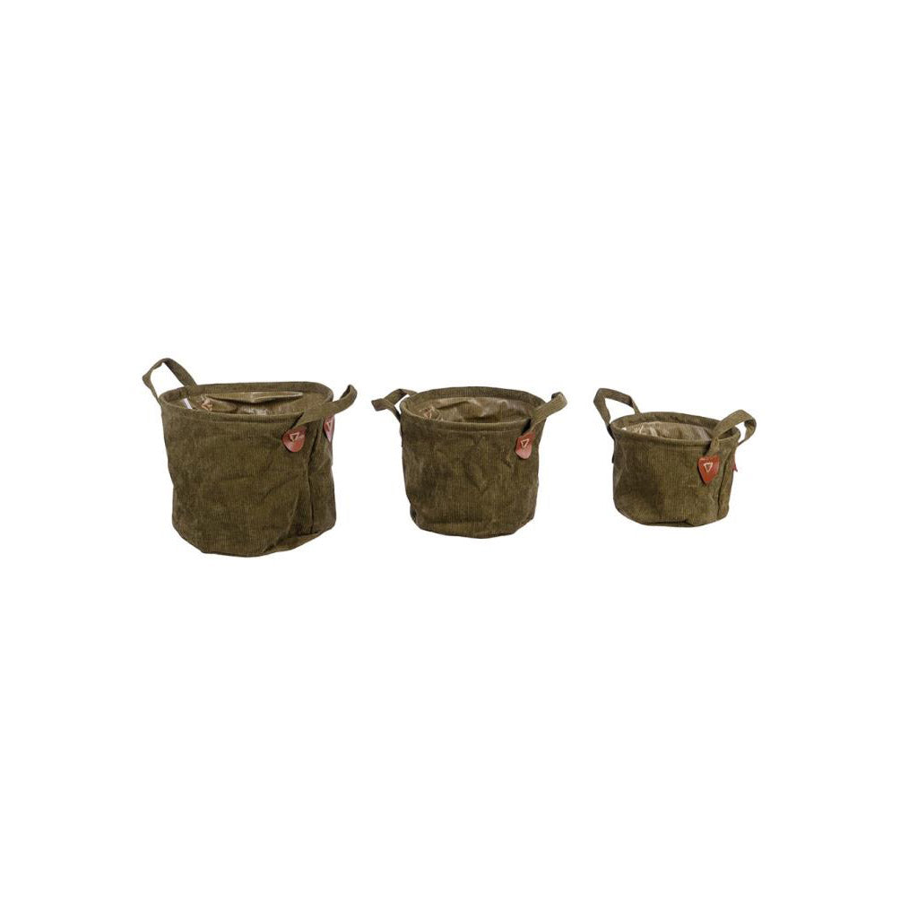 Decoration baskets "Authentic Fabric" - 3 pieces - round fabric - ⌀ 21/24/29 cm - green brown cream