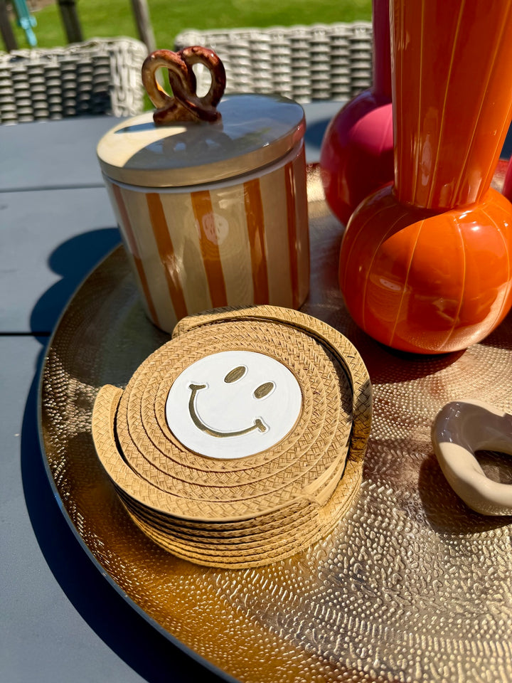 Onderzetters goud met smiley en opbergdoos in Decoratieset Coral Fiesta
