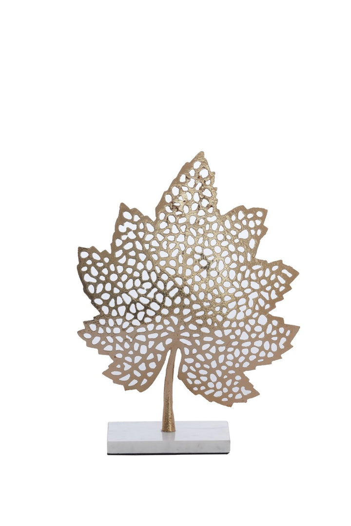 Ornament op voet LEAF small - 28x8x35 cm - Goud/Marmer wit