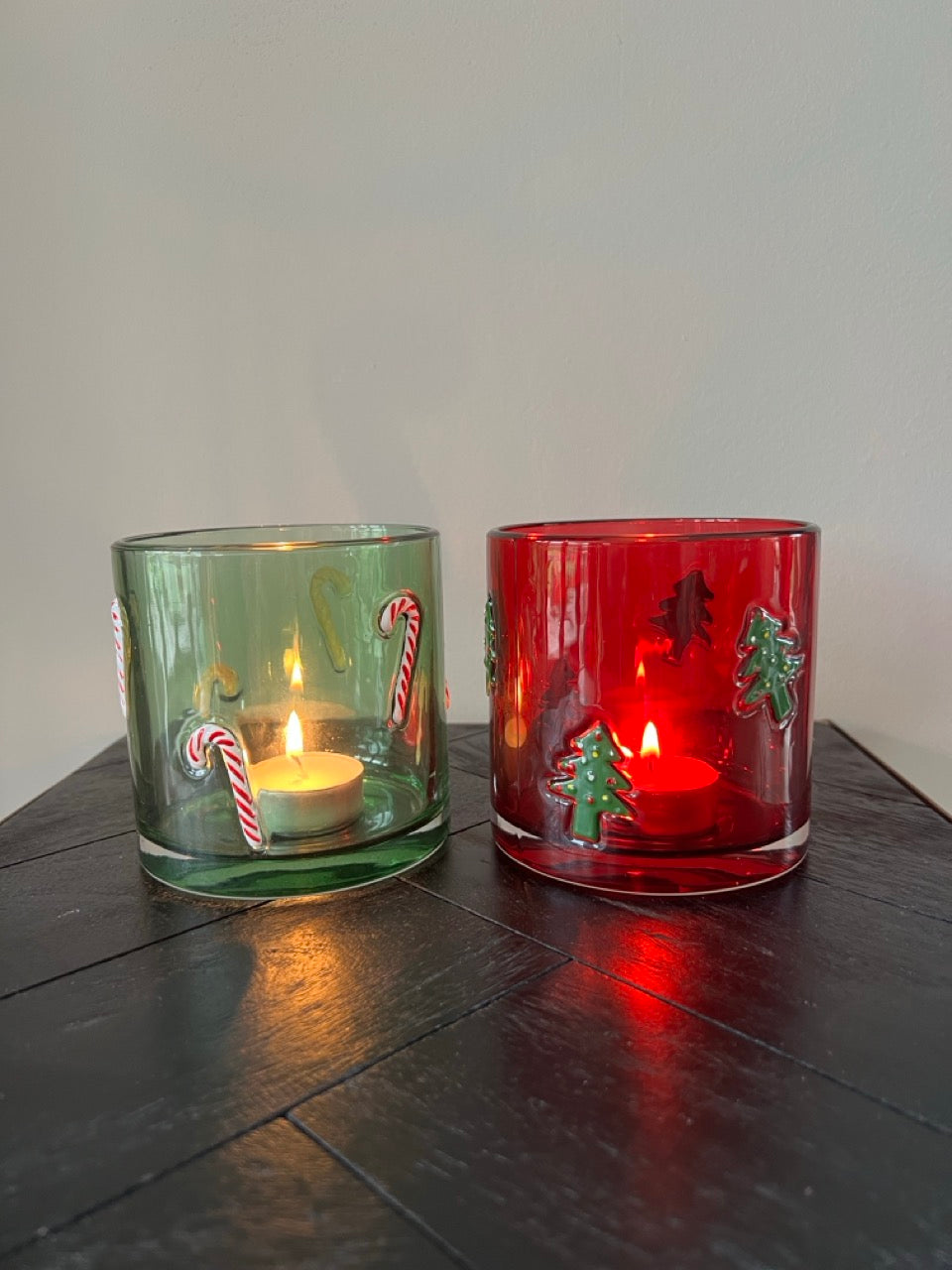 Set van 2 Glazen kerst Kaarshouders - Rood & Groen