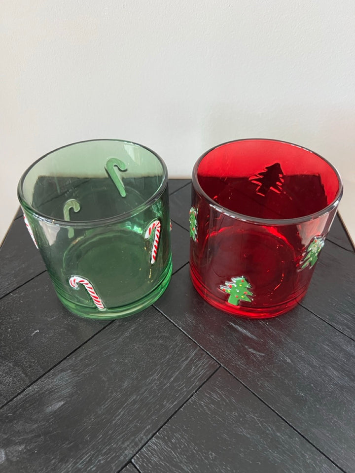 Set van 2 Glazen kerst Kaarshouders - Rood & Groen