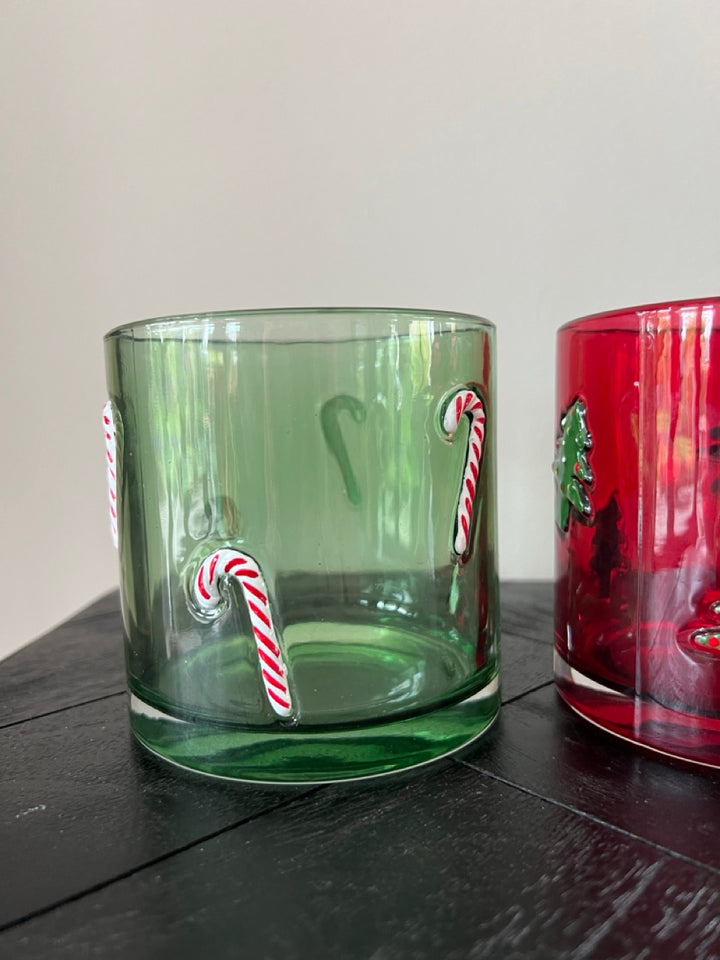 Set van 2 Glazen kerst Kaarshouders - Rood & Groen