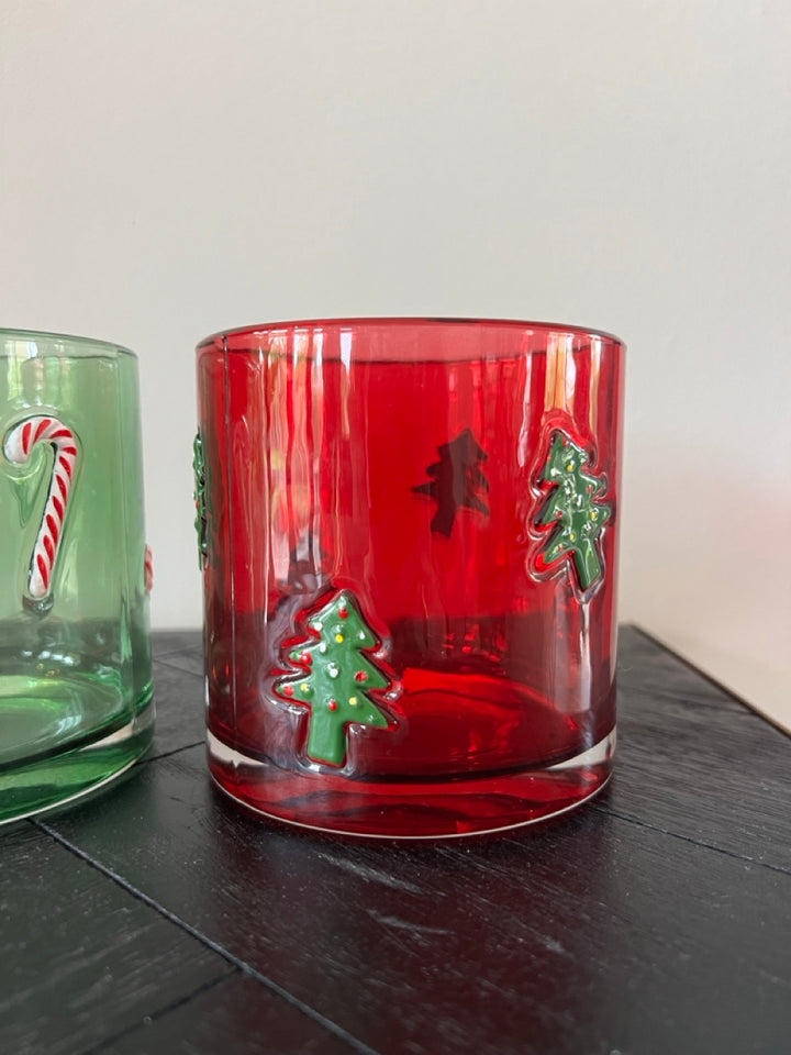 Set van 2 Glazen kerst Kaarshouders - Rood & Groen