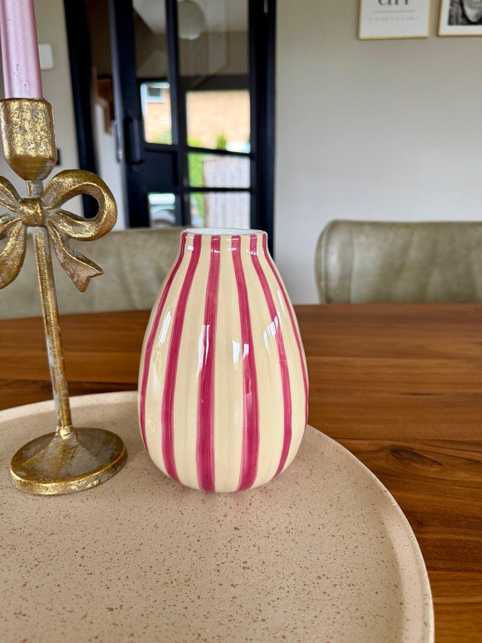 Vaas met Strepen Keramiek – Crème/Roze – Ø12x28 cm