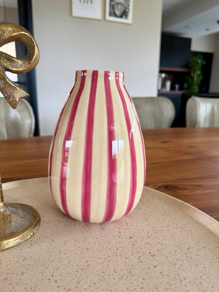 Vaas met Strepen Keramiek – Crème/Roze – Ø12x28 cm