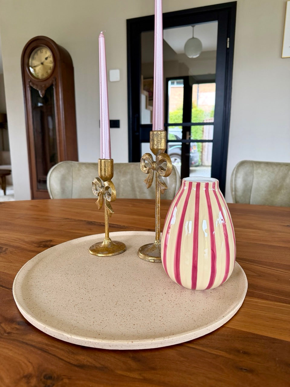 Vaas met Strepen Keramiek – Crème/Roze – Ø12x28 cm