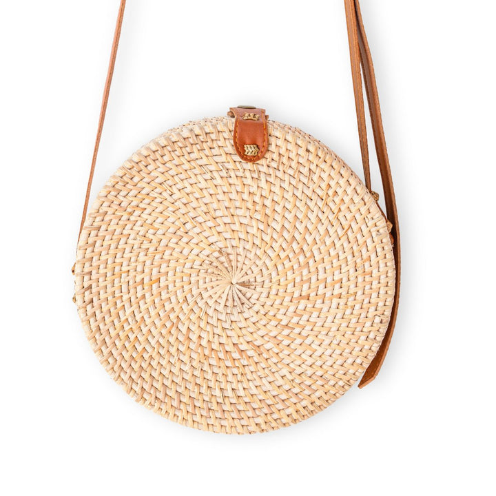 Ronde rotan tas beige handgemaakte crossbody tas met synthetische lederen riemen schoudertas Boho Bali tas SENJA (natuurlijk)